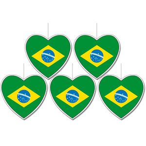 5x stuks brazilie vlag hangdecoratie hartjes vorm karton 14 cm