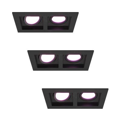 Set van 3 Fresno Dubbele Inbouwspot - Rechthoek - 2x GU10 - RGBWW 16,5 miljoen kleuren - 11 Watt 690 lumen - Kantelbaar - IP20 stofdicht - Zwart