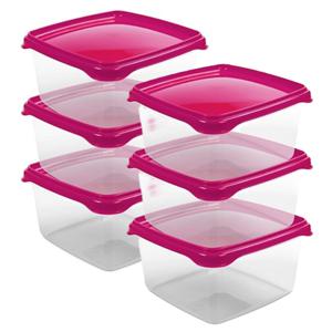 Vershoudbakjes Hega - set van 6x stuks - 1.3 liter - transparant/roze - L16 x B16 x H11 cm