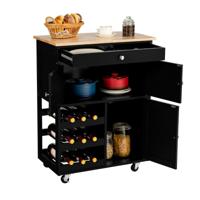 Keukentrolley met Rubberen Houten Blad Lade 3 Rijen Wijnrekken 2 Kasten Rollend Opslag Trolley Kar 67 x 37 x 86 cm Zwart