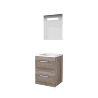Basic-Line Economic 46 Badkamermeubelset - 50 x 46 cm - Met Grepen - 2 Lades - Acryl Wastafel - 1 Kraangat - Spiegel met LED Verlichting - Scotch Oak