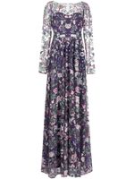 Marchesa Notte robe longue à broderies botanique transparents - Violet