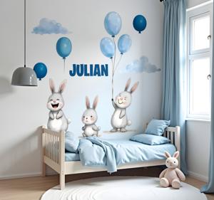 Muursticker kinderkamer dieren met blauwe ballonnen met konijntje