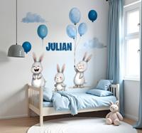 Muursticker kinderkamer dieren met blauwe ballonnen met konijntje