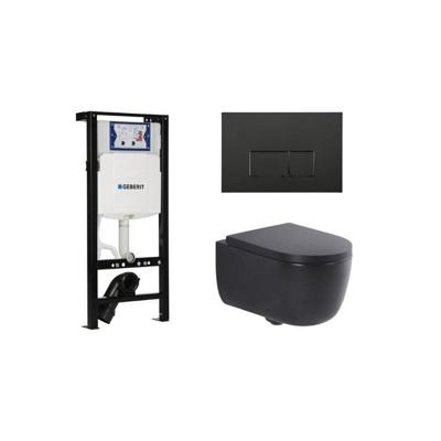 QeramiQ Dely Swirl Toiletset - 36.3x51.7cm - Inbouwreservoir met Geberit UP320 spoelmechanisme - 35mm zitting - mat zwarte metalen bedieningsplaat - rechthoekige knoppen - mat zwart SW1381697/SW706193/SW1000769/SW1026258