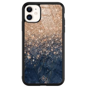 iPhone 11 glazen hardcase - Marmer blauw rosegoud