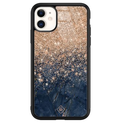 iPhone 11 glazen hardcase - Marmer blauw rosegoud