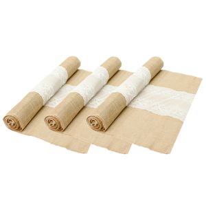 Jute tafelloper - 3x - met wit kant - 60 x 300 cm - extra breed