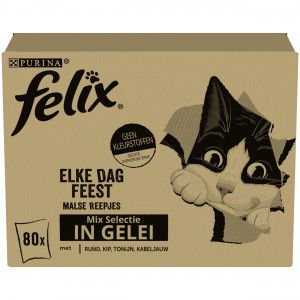 Purina Felix Elke Dag Feest Mix Selectie met tonijn, kabeljauw, rund, kip in gelei natvoer kat (80x85 g) 1 doos (80 stuks)