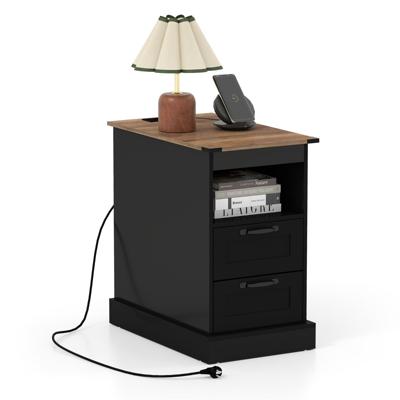 Nachtkastje met Oplaadstation Smal Bijzettafeltje met Open Opbergvak en 2 Lades