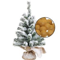 Mini kerstboom besneeuwd met verlichting - in jute zak - H45 cm - okergeel - Kunstkerstboom
