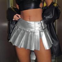 Bon&Bon Black PU Leather Pleated Mini Skirt - Y2k Low Rise Style Silver / S