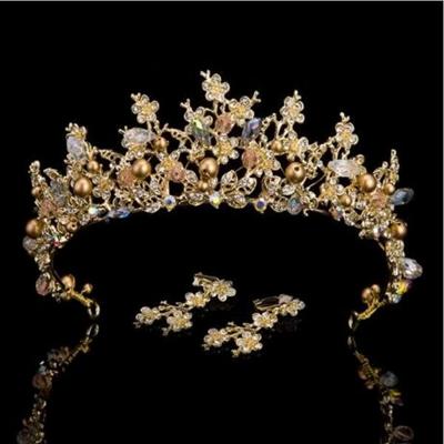 Luxe roze gouden parel bruids kronen handgemaakte Tiara bruid hoofdband Crystal bruiloft diadeem koningin kroon bruiloft haaraccessoires (goud met oor