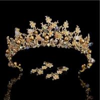 Luxe roze gouden parel bruids kronen handgemaakte Tiara bruid hoofdband Crystal bruiloft diadeem koningin kroon bruiloft haaraccessoires (goud met oor