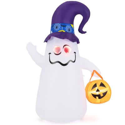 180 cm Opblaasbare Halloween Decoratie Schattig Spook met Pompoen Lantaarn Tovenaarshoed 5 LED-Lampjes met Variabele Intensiteit