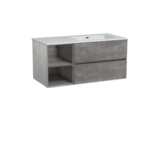 Storke Edge zwevend badmeubel 110 x 52 cm beton donkergrijs met Diva asymmetrisch rechtse wastafel in glanzend composiet marmer