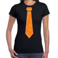 Verkleed t-shirt voor dames - stropdas glitter oranje - zwart - carnaval - foute party
