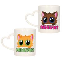 Cadeau set van 2x stuks koffie/thee drink mokken - poes/kat - Miauw - hartjes oor - keramiek