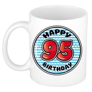 Verjaardag cadeau mok - 95 jaar - blauw - gestreept - 300 ml - keramiek