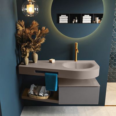 MONDIAZ RIVA 120cm badmeubel onderkast / planchet kleur Dark_Grey met 1 lade. Wastafel DULCET rechts 1 kraangat kleur Smoke. MONDIAZ RIVA 120cm badmeubel onderkast / planchet kleur Dark_Grey met 1 lade. Wastafel DULCET rechts 1 kraangat kleur Smoke.