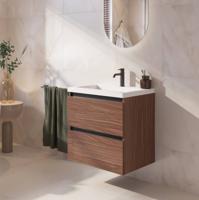 Saqu Gaia ondiep badmeubel incl. glans witte wastafel 60x40x64cm noten urban - zwarte greeplijst