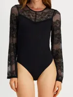 Kanten body dames - Lace top Sinna - Zwarte bodysuit lange mouwen met hoge hals - lingerie body