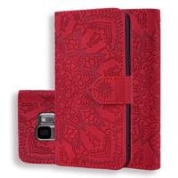 Kalf patroon dubbele vouwen ontwerp reliëf lederen draagtas met portemonnee & houder & kaartsleuven voor Galaxy S9 (rood)