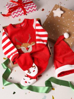 Kerstcadeauset voor baby met fluwelen pyjamapakje + mutsje baksteenrood