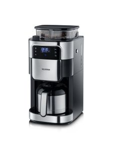 Severin Filterkaffeemaschine mit Mahlwerk und Edelstahl-Thermokanne, Koffiezetapparaat Zwart, RVS (geborsteld) Capaciteit koppen: 8 Display, Met thermoskan,