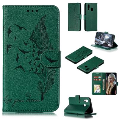 Feather patroon Litchi textuur horizontale Flip lederen draagtas met portemonnee & houder & kaartsleuven voor Galaxy A40 (groen)