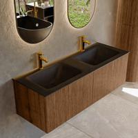 Mondiaz KURVE 130 cm Onderkast Greeploos 2 Lades Zonder Deuren Walnut, Wastafel Solid Surface Dubbel Urban 2 Kraangaten Zonder Spiegel (KRVCLO1302L0D2KD-Wal/Urb)