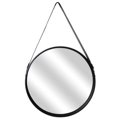 Home Deco Factory spiegel - rond - zwart - hout - met leren handvat - D50 cm