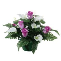 Louis Maes Kunstbloemen plantje in pot - wit/paars - 26 cm - Bloemstuk ornament - rozen met bladgroen   -