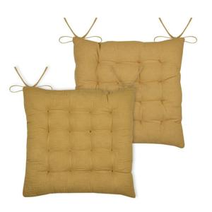 Stof Textile stoelkussen Coline - 2x - okergeel - 38 x 38 x 4 cm - touwtjes sluiting