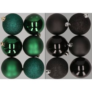 12x stuks kunststof kerstballen mix van donkergroen en zwart 8 cm - Kerstbal