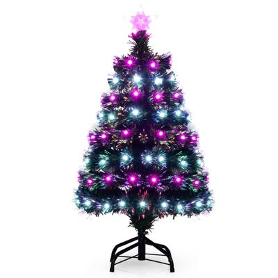 93 cm Verlichte Kunstkerstboom met Meerkleurige Vezeloptiek Ster op de Top Metalen Voet