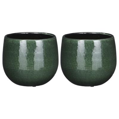 Mica Decorations Plantenpot/bloempot - 2x - keramiek - donkergroen - gevlekt patroon - 16 x 14 cm