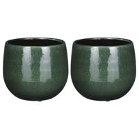 Mica Decorations Plantenpot/bloempot - 2x - keramiek - donkergroen - gevlekt patroon - 16 x 14 cm