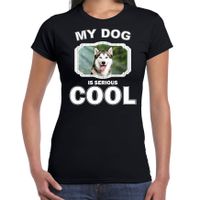 Siberische huskys honden t-shirt my dog is serious cool zwart voor dames Siberische huskys honden t-shirt my dog is serious cool zwart voor dames