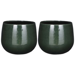 2x Stuks Plantenpot/bloempot keramiek donkergroen speels licht gevlekt patroon - D18/H16 cm