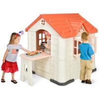 164 x 124 x 132 cm Binnen & Buiten Speelhuisje Kinderspeelhuisje met Werkende Deuren & Ramen Speelhuisje met Tafel Roze
