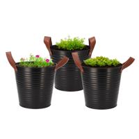 Plantenpot/bloempot emmer Leather - 3x - rond - zink - zwart - D18 x H17 cm - thumbnail