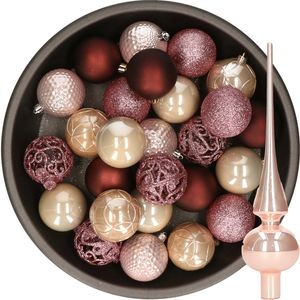 37x stuks kunststof kerstballen 6 cm incl. glazen piek roze en bruin tinten