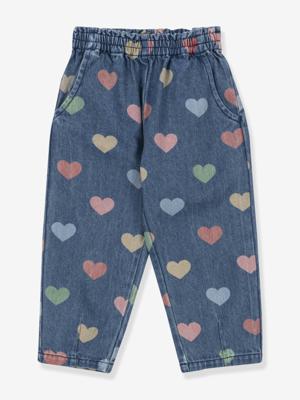 Broek van soepel denim met hartjesmotieven voor meisjes blauw