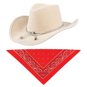 Carnaval verkleedset cowboyhoed Django - creme wit - met rode hals zakdoek - voor volwassenen