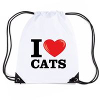 Nylon I love cats/ katten/ poezen rugzak wit met rijgkoord - thumbnail
