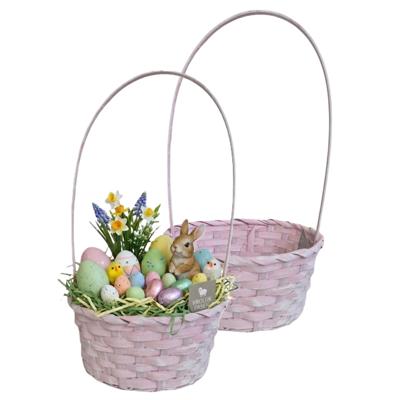 Rieten mandje met hengsel - 2x - lichtroze - D20 x H38 cm - paasmandje