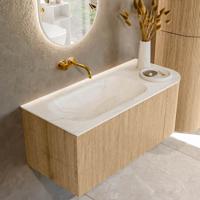 Mondiaz KURVE-DLUX 105 cm Onderkast Greeploos 1 Lade Met Deuren Oak, Wastafel Solid Surface Links Ostra 0 Kraangaten Zonder Spiegel (KRVBGS105R1L1D0KL-Oak/Ost)