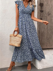 Women's Cap Sleeve Summer Dark Blue Disty Floral Wrap V Neck Ruffled Sleeves Daily Casual Maxi Dress