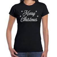 Foute Kersttrui t-shirt - zwart - Merry Christmas - zilver glitters print - dames - kerstkleding